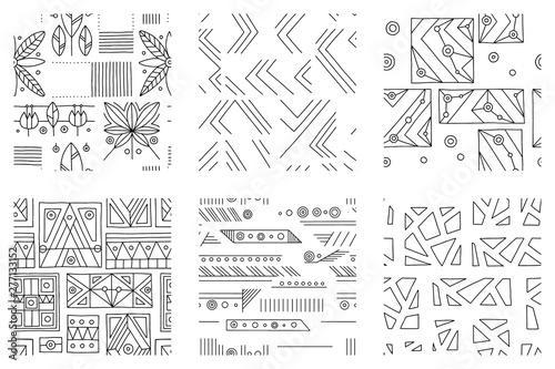 Set of seamless vector pattern  black and white geometric background with rhombus  triangles  rectangles  dots  lines  squares. Abstract graphic design. Line drawing  print for wallpaper  fabric
