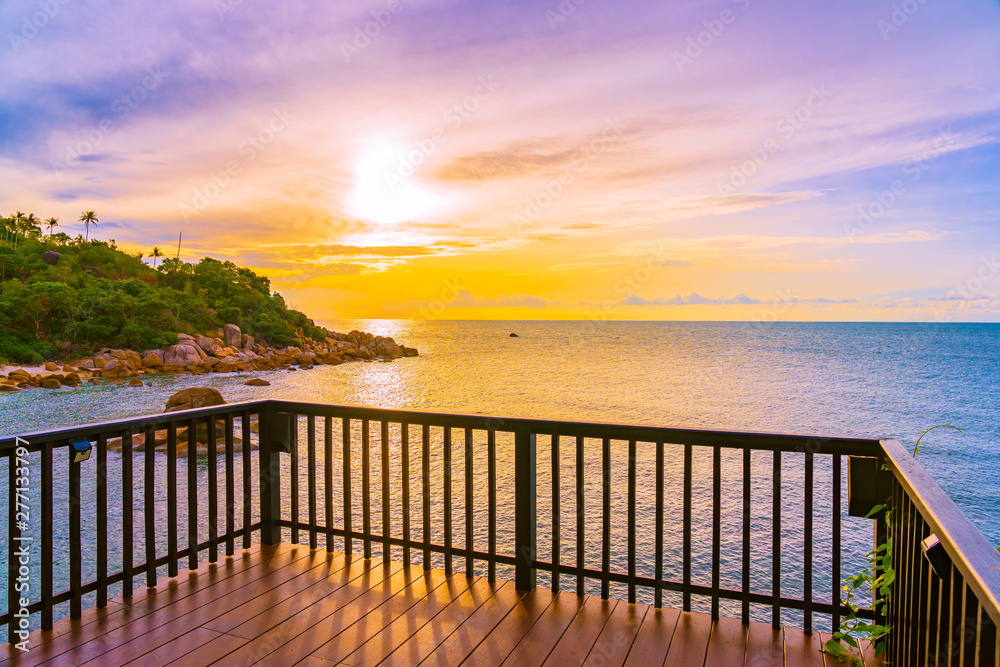 Beautiful outdoor tropical beach sea around samui island with coconut palm tree and other at sunset time