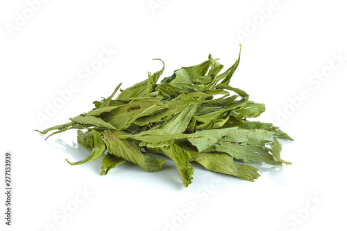 Dried Stevia rebaudiana Bertoni, sweet leaf sugar substitute isolated photo