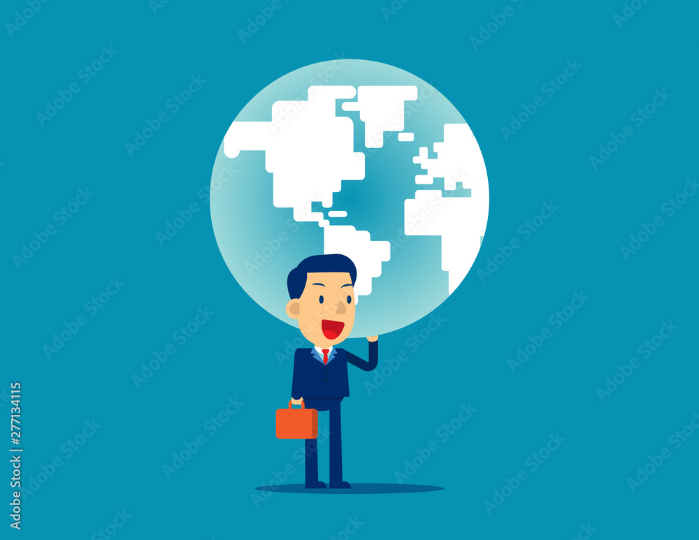 A man is holding up globe. Concept business strength vector illustration, Planet, Power, Successful.