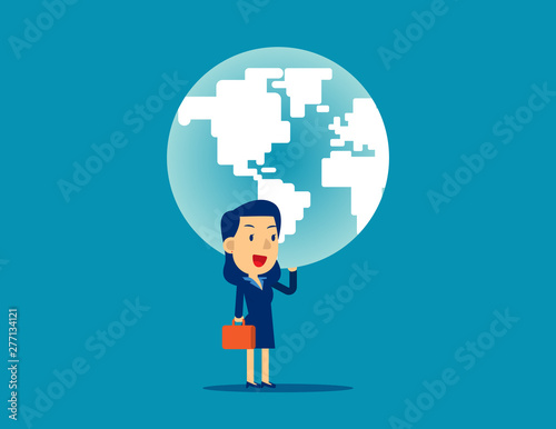 A woman is holding up globe. Concept business strength vector illustration, Planet, Power, Successful.