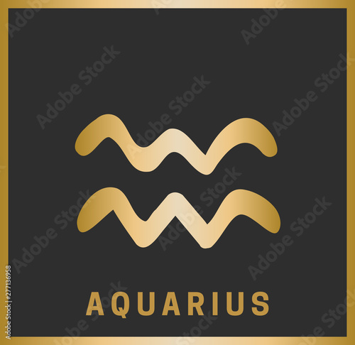 Zodiac sign. Aquarius. Horoscope. Isolated golden symbol on a black background with a golden inscription. Vector illustration
