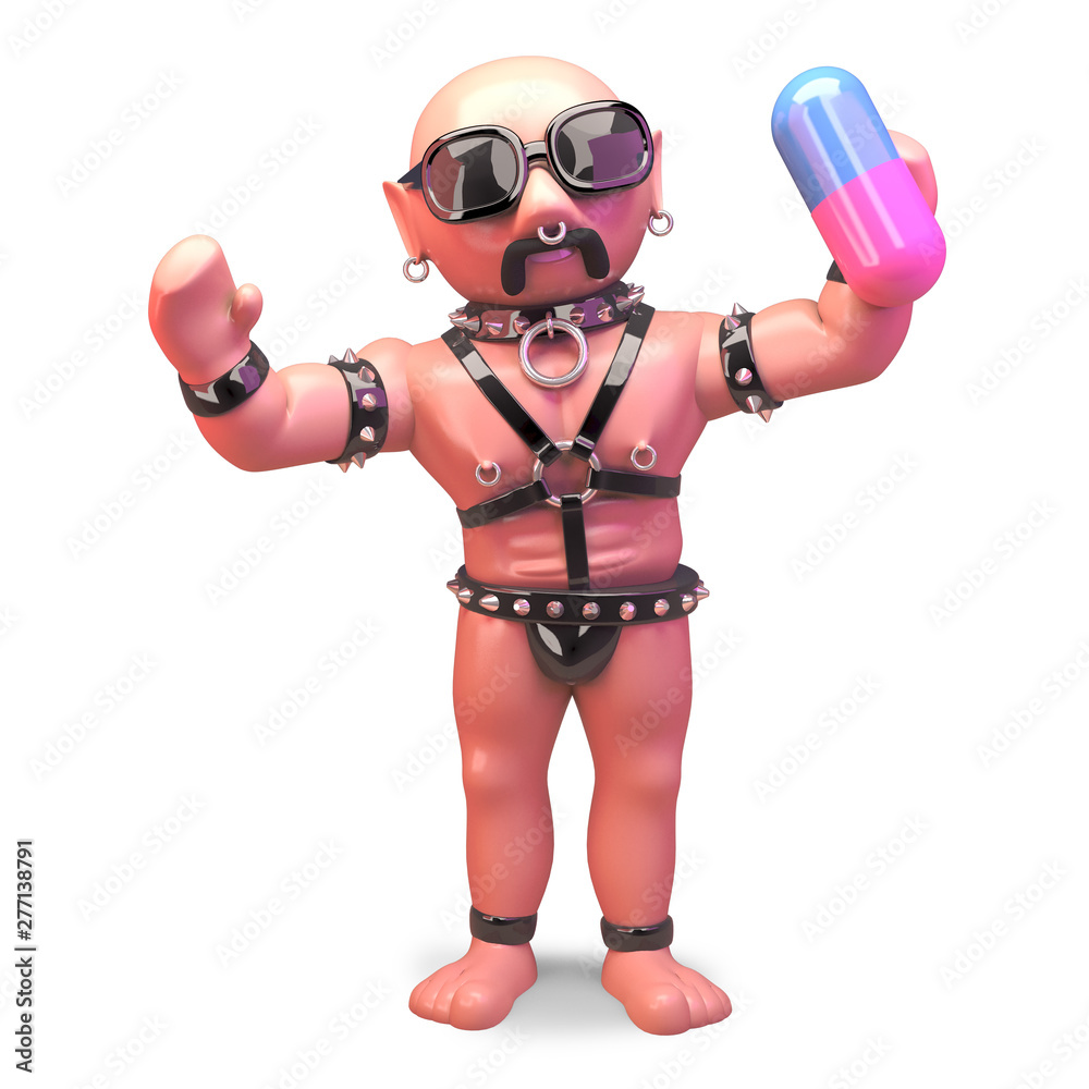 Bald gay men in fetish leather outfit holding a pill of drugs, 3d illustration Bald gay men in fetish leather outfit holding a pill of drugs, 3d illustration