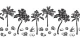 Black sketch palm tree and coconut outline horizontal seamless border. Vector drawing coco plants. Hand drawn endless illustration, isolated on white background