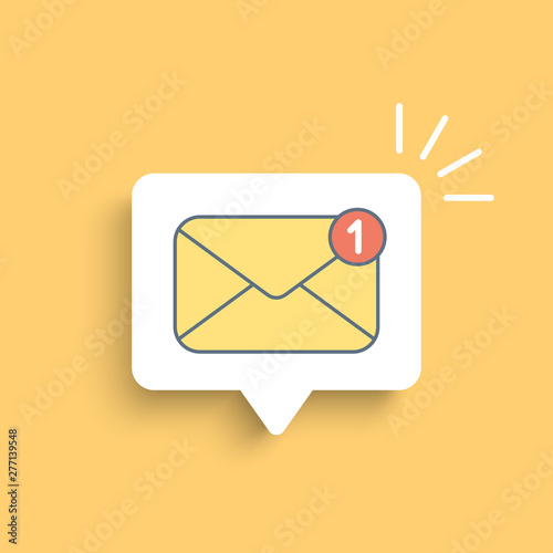 Yellow mail envelope on white bubble. Mail notification with red marker One Message. Delivery of messages, sms. Vector illustration in flat style.