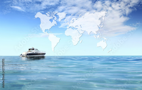 Fototapeta Naklejka Na Ścianę i Meble -  a luxury private motor yacht on tropical sea with blue sky clouds sunshine, international map on empty background copy space