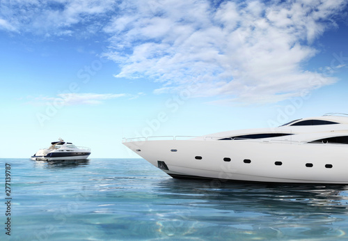 a luxury private motor yacht on tropical sea surface with blue sky clouds sunshine, empty background copy space