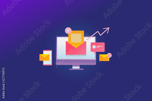 Email marketing, newsletter subscription, online business growth concept with marketing icons and elements, vector web banner.