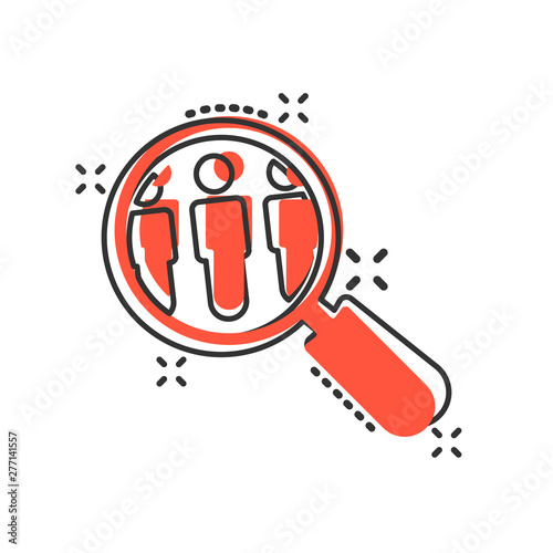 Search job vacancy icon in comic style. Loupe career vector cartoon illustration on white isolated background. Find people employer splash effect business concept.