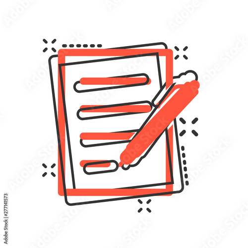 Document with pen icon in comic style. Notepad vector cartoon illustration on white isolated background. Office stationery splash effect business concept.