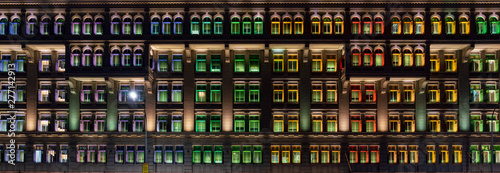 Photography Wide angle of Colorful windows of Hill Street Police Station at Night, Singapore