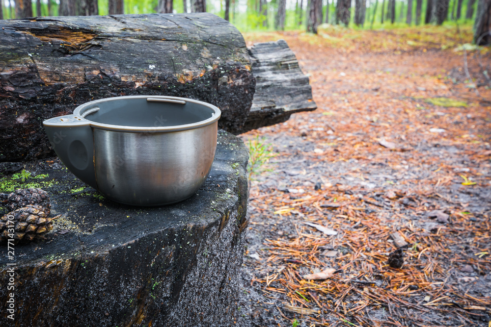 Volumetric mug of thermos with black tea on stump in pine forest.