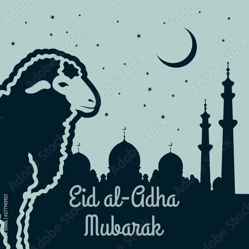 Muslim Festival of Sacrifice Eid-Al-Adha greeting card with sheep and mosque.