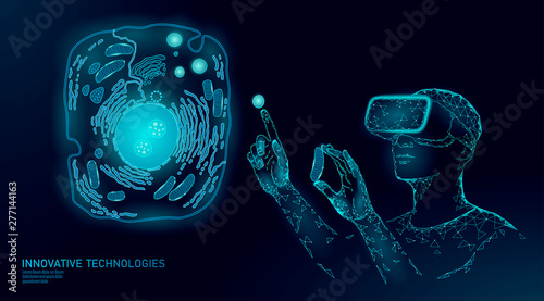 Modern medicine virtual reality cell healing. Artificial cell 3D synthesis animal human designer cell biochemistry. GMO bioethics solution vector illustration