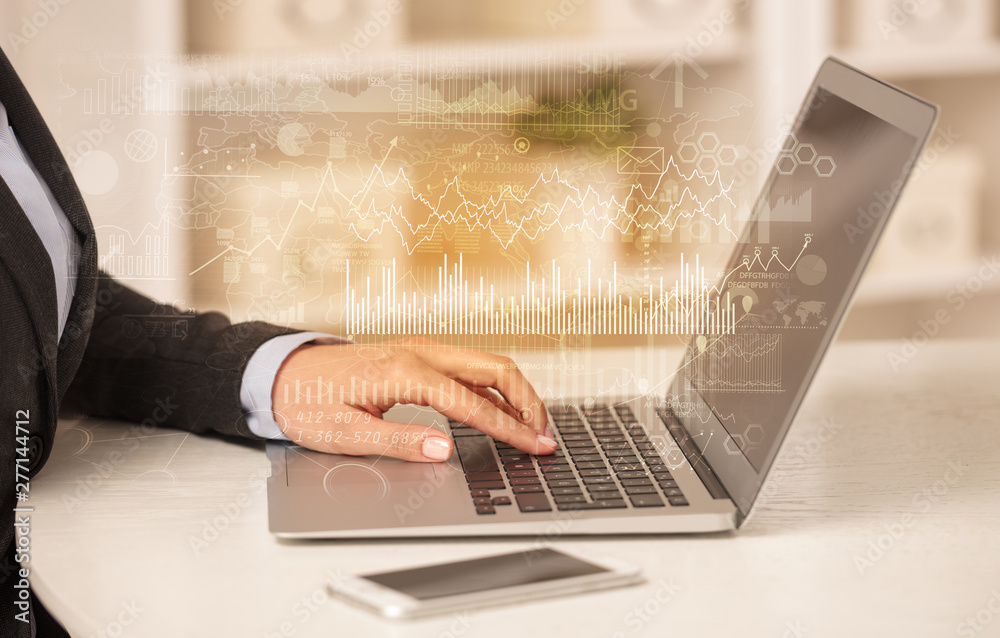 Business woman in homey environment using laptop with global financial report concept Business woman in homey environment using laptop with global financial report concept