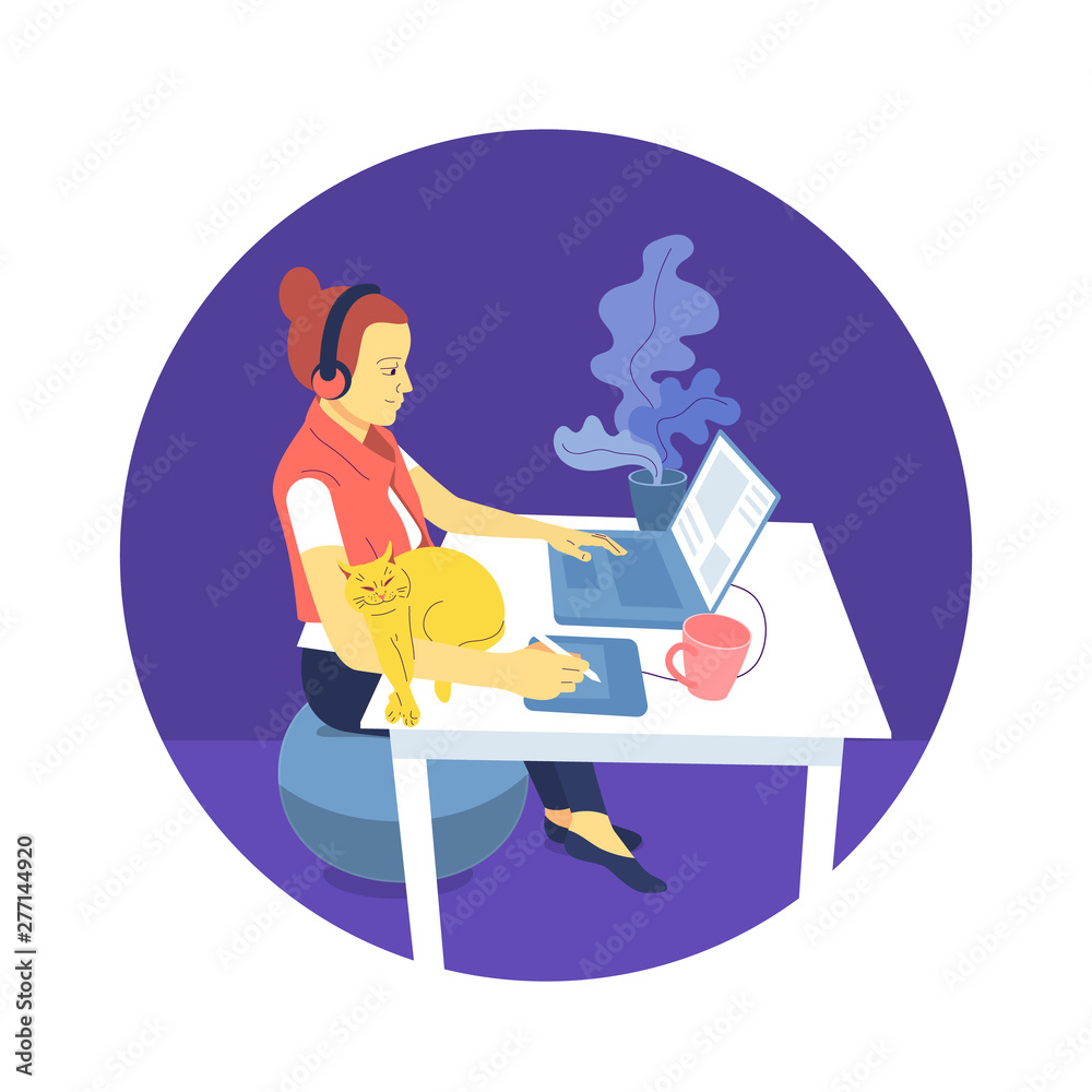 Fototapeta premium Flat style girl designer is sitting at desk and working with laptop, using graphic tablet