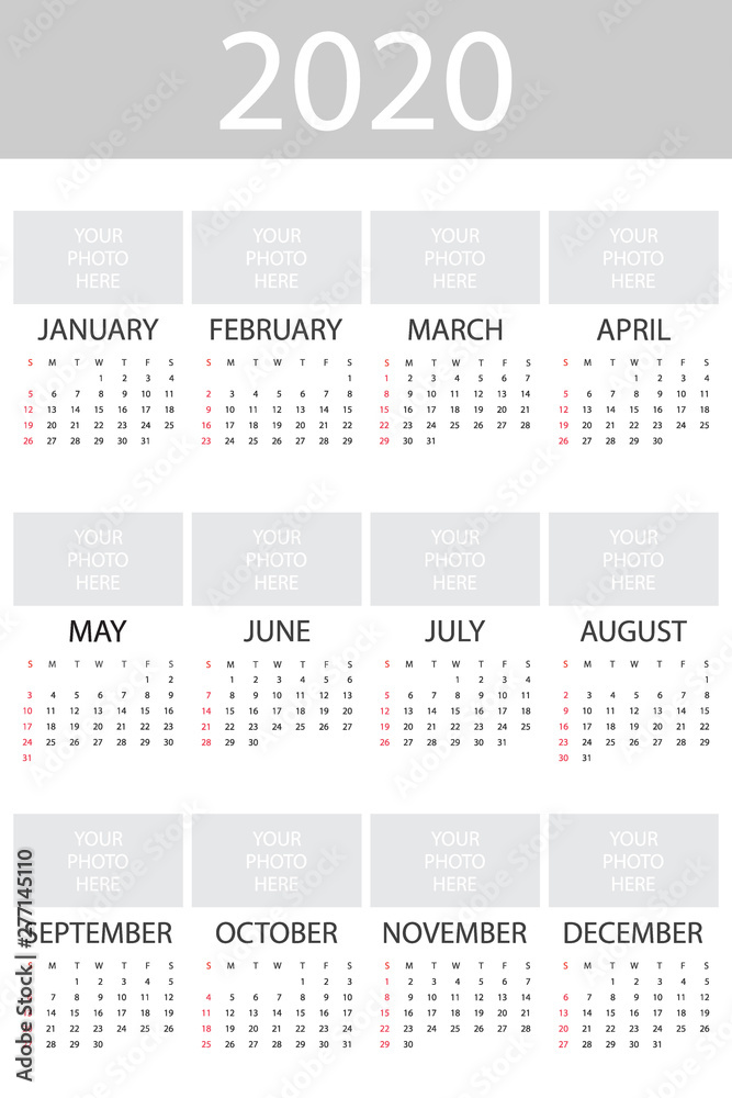 Calendar 2020 year with photo, simple design template, vertical format, week starts on Sunday, vector illustration Calendar 2020 year with photo, simple design template, vertical format, week starts on Sunday, vector illustration