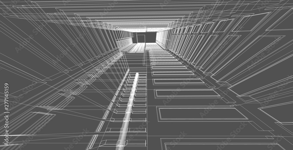 3D illustration architecture building perspective lines. 3D illustration architecture building perspective lines.