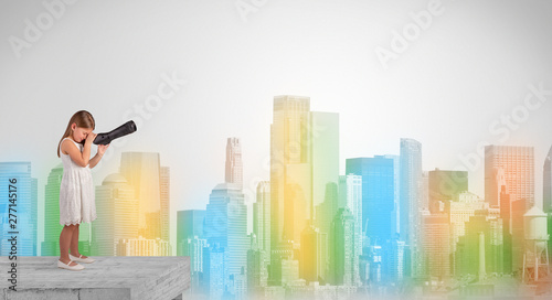 Kid looking through spyglass from the top of a building to a big colorful city