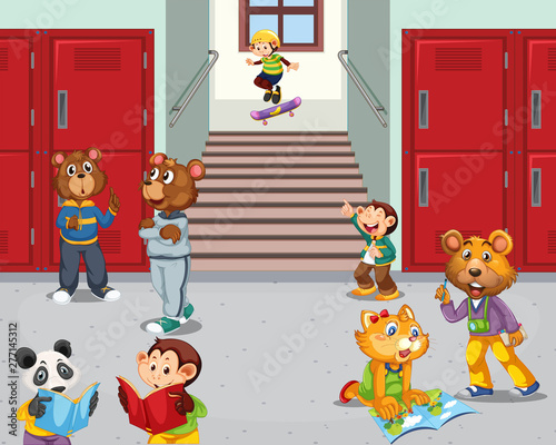 Animal student at school hallway