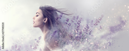 Beauty model girl with lavender flowers . Beautiful young brunette woman with flying long hair profile portrait. Fantasy watercolor