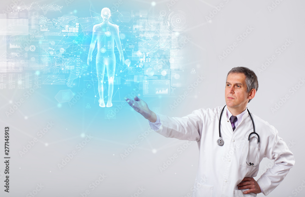Middle aged scientist with full body map concept Middle aged scientist with full body map concept