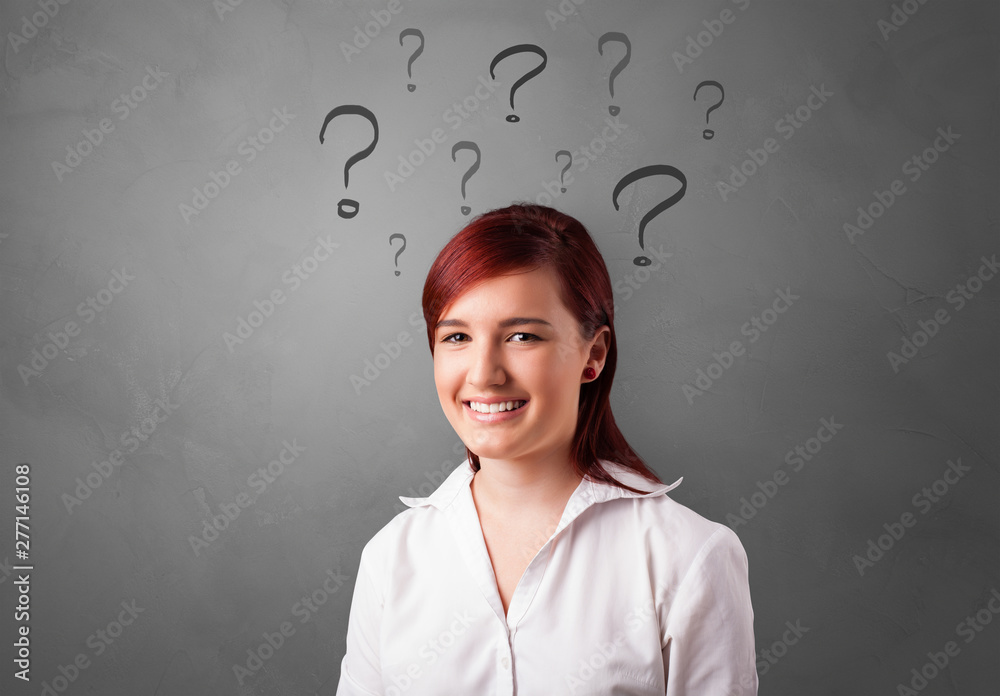 Person with question marks around face