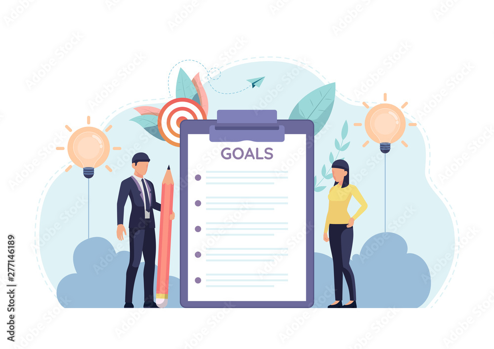 Businessman and businesswoman standing with goal setting checklist Businessman and businesswoman standing with goal setting checklist