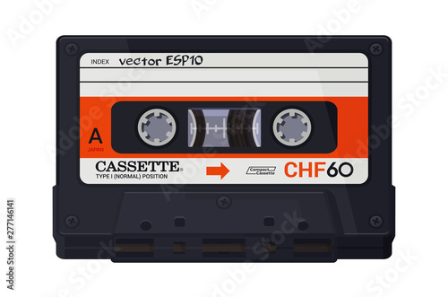 Isolated classic audio cassette. Vector multi colored illustration on light background. Original vintage object. ESP10.