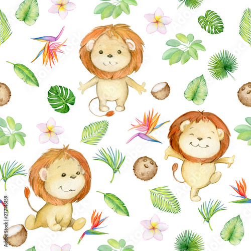 lion is cute. seamless pattern. isolated. watercolor.
