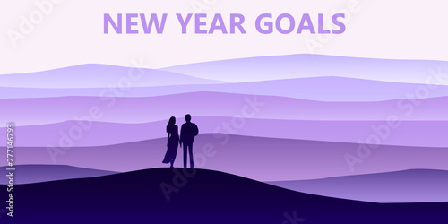 Loving couple silhouette , a man and a woman are looking at the new year goals © hadeev