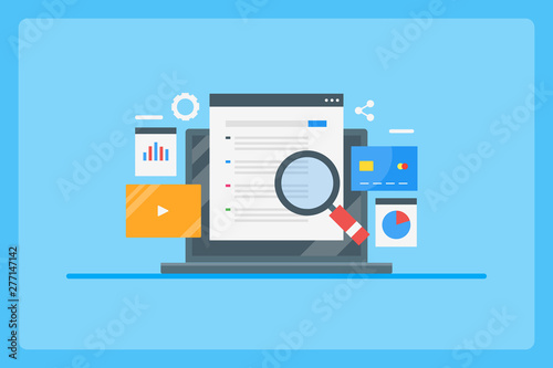 Search engine advertising, paid listing, ppc, sponsored content, paid media concept with analytics, video and other icons, flat design web banner.