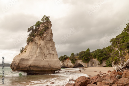View of Te Hoho Rock, Cathedral Cove. Cathedral Cove and Te Hoho Rock are a number one tourist attraction in New Zealand in the Hahei Region.