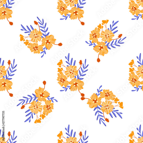 Bright trendy modern seamless pattern. Orange - blue fantastic flowers