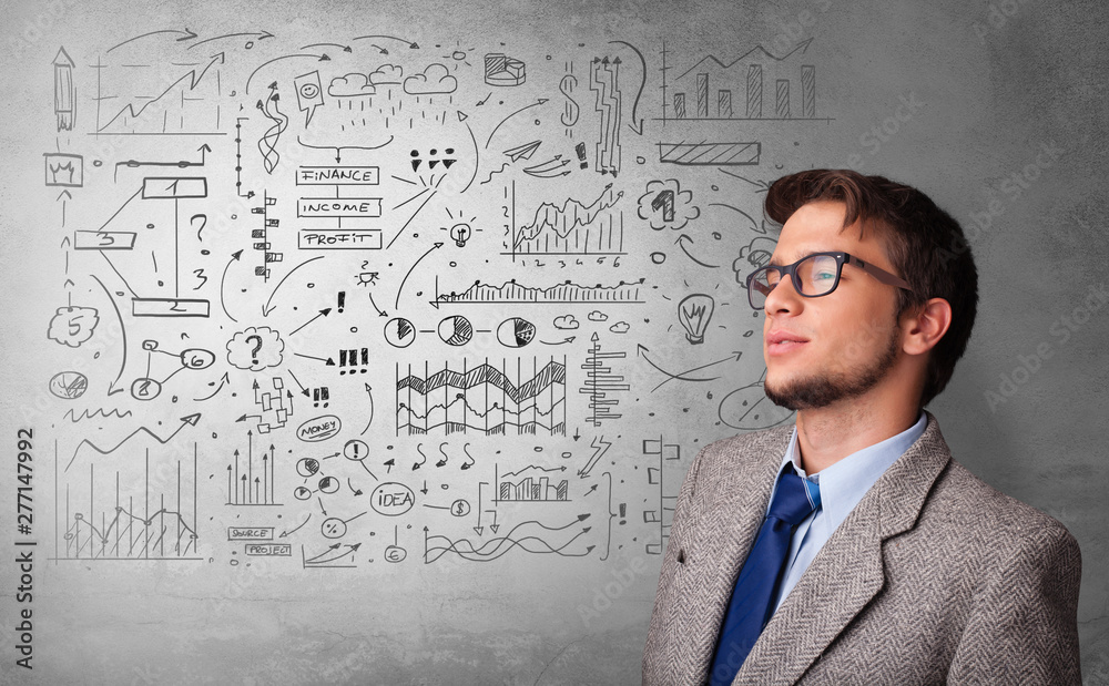 Casual person thinking with drawn signs concept Casual person thinking with drawn signs concept
