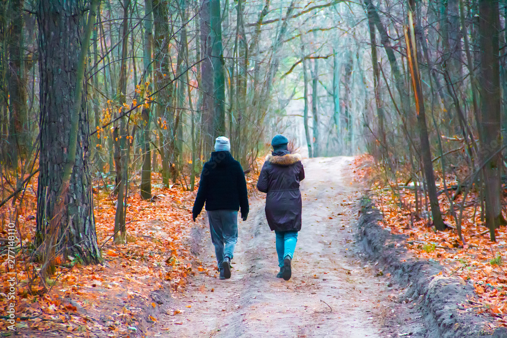 Two girls walk along a path in a park in the forest in autumn in warm clothes.