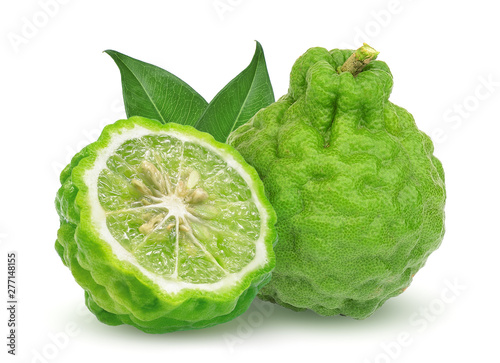 whole and half bergamot fruit with leaf isolated on white background