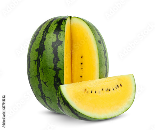 whole and slice yellow watermelon isolated on white background