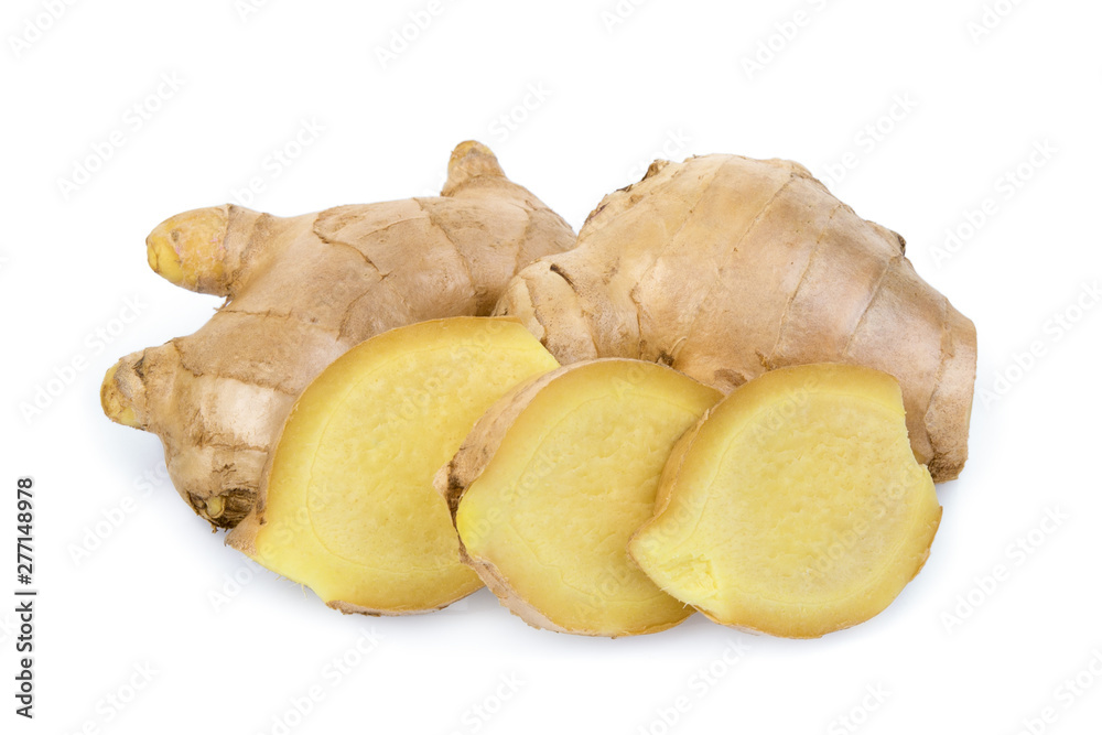 fresh ginger with slices isolated on white background fresh ginger with slices isolated on white background