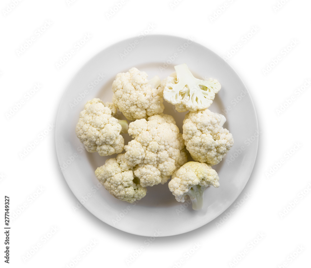 cauliflower vegetable in the white plate isolated on white background, top view, flat lay cauliflower vegetable in the white plate isolated on white background, top view, flat lay