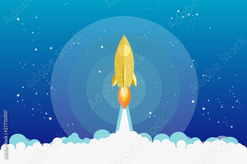 Fototapeta Naklejka Na Ścianę i Meble -  Golden Rocket launch,ship.vector, illustration concept of business product on a market.can be used for landing pages, templates, UI, web, mobile applications, posters, banners, leaflets.