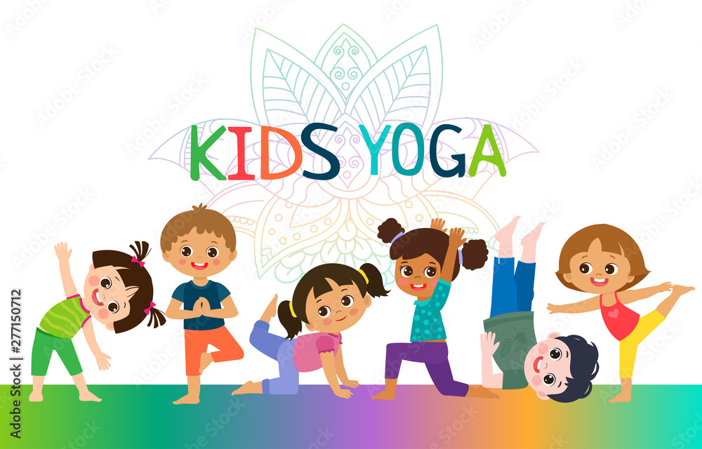 Kids Yoga Horizontal Banners Design Concept. Girls and Boys In Yoga Position Vector Illustration. Happy Cartoon Children Practicing Yoga. Flat Kids Yoga Logo On White Background.