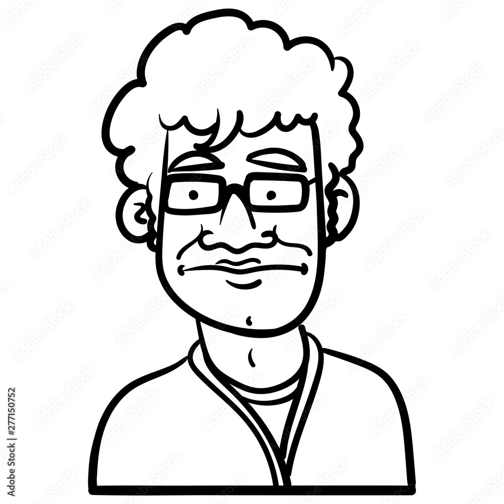 funny vector drawing of a young man with curly hair and glasses looking confusedly into the camera. black and white, outline, comic, doodle, sketch, face.