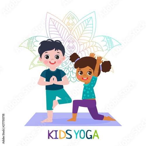 Yoga Time! Kids Yoga Design Concept. Girl and Boy In Yoga Position Vector Illustration. Happy Cartoon Children Practicing Yoga. Flat Kids Yoga Logo On White Background.