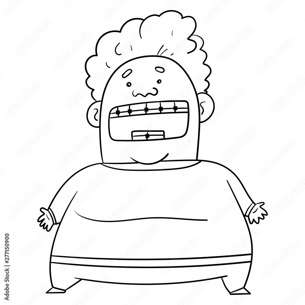 funny cartoon vector illustration of a very fat boy with braces. drawing,  doodle, sketch, outline, overweight, usa, sweet, unhealthy. Stock Vector |  Adobe Stock