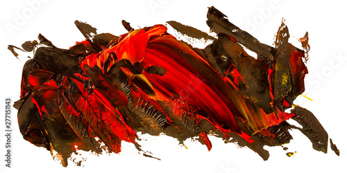Dark red with black and splashes of yellow, vector oil brush stroke. Abstract varnish splash trace shape. Glossy oil paint smear on white background. Eps 10 illustration.