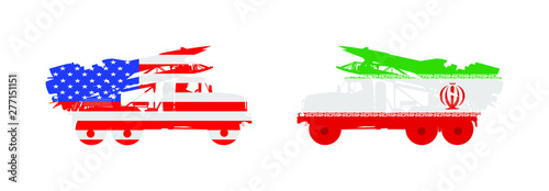 Artillery Launcher truck vector illustration. USA Missile Rocket carrier with nuclear bomb against Iran launcher. War threat. Powerful army weapon for battle. Doomsday alert. Top secret treat to enemy