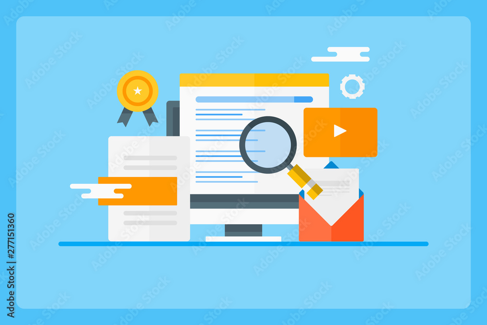 Seo, search engine ranking, search result displaying on computer screen, with marketing icons and elements, flat design vector banner. Seo, search engine ranking, search result displaying on computer screen, with marketing icons and elements, flat design vector banner.