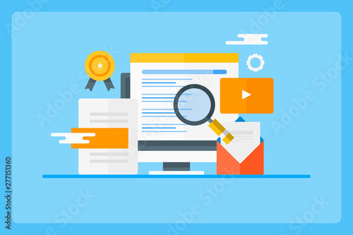 Seo, search engine ranking, search result displaying on computer screen, with marketing icons and elements, flat design vector banner.