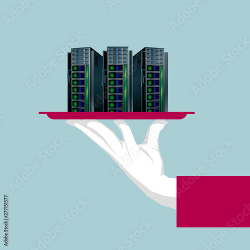 The supercomputer is in the tray. Isolated on blue background.